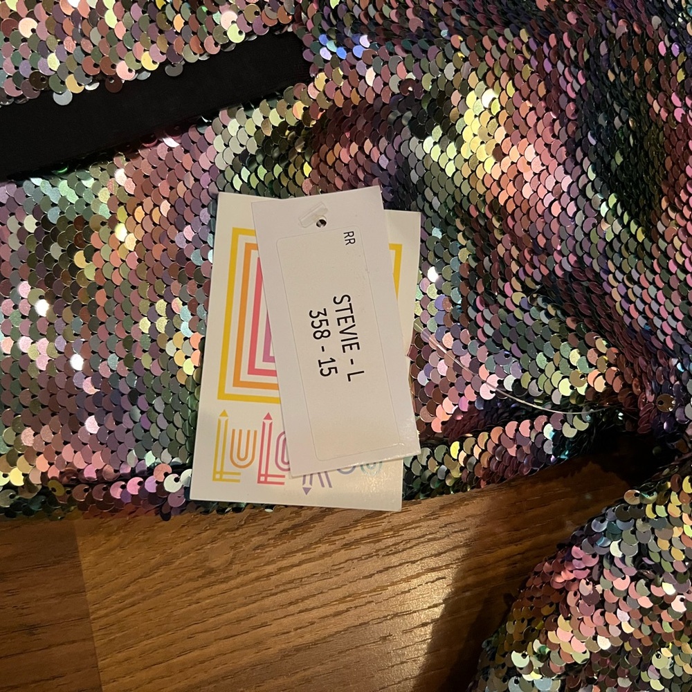LULAROE ELEGANT STEVIE BOMBER JACKET Large 14/16 Rainbow Sequins Pink Mermaid - Picture 4 of 4